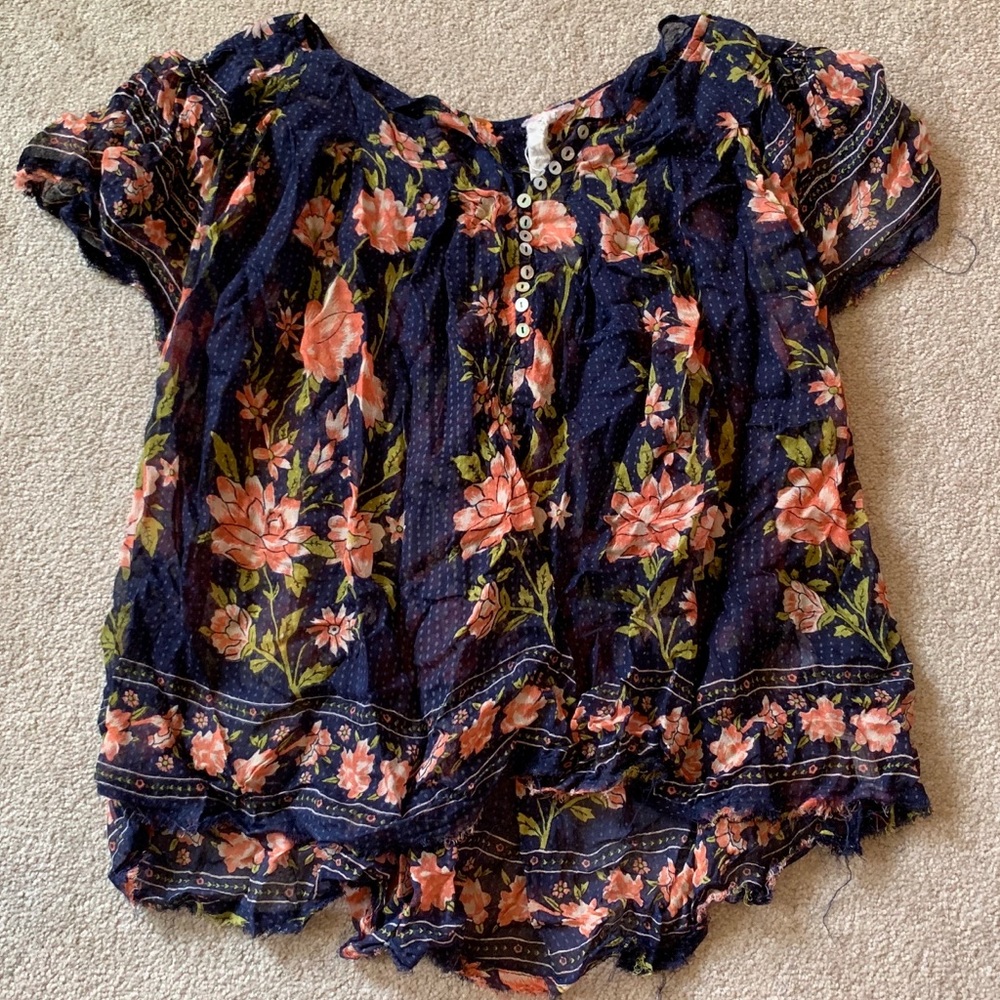 Free People Short Sleeve Printed Peasant Top